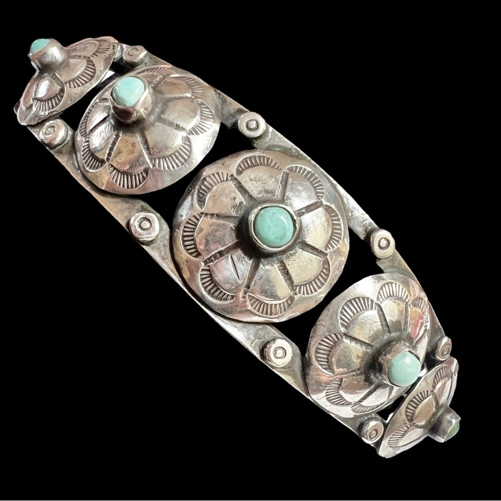 Vintage Native American Silver Concho Turquoise Button Flower Stamped Cuff